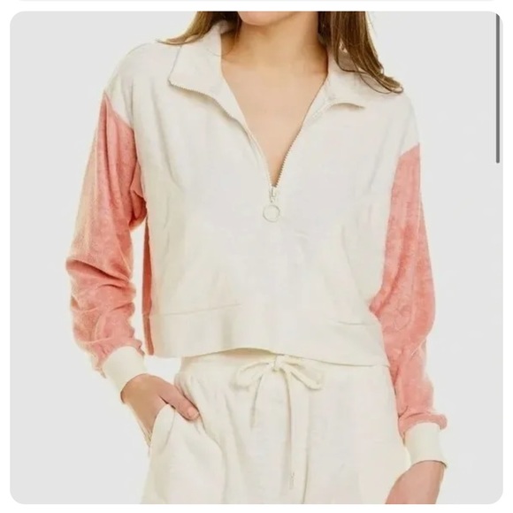 L*Space Best Life Crop Pullover Half Zip TerryCloth Pink Ivory Top NEW Sz XS - Picture 3 of 13